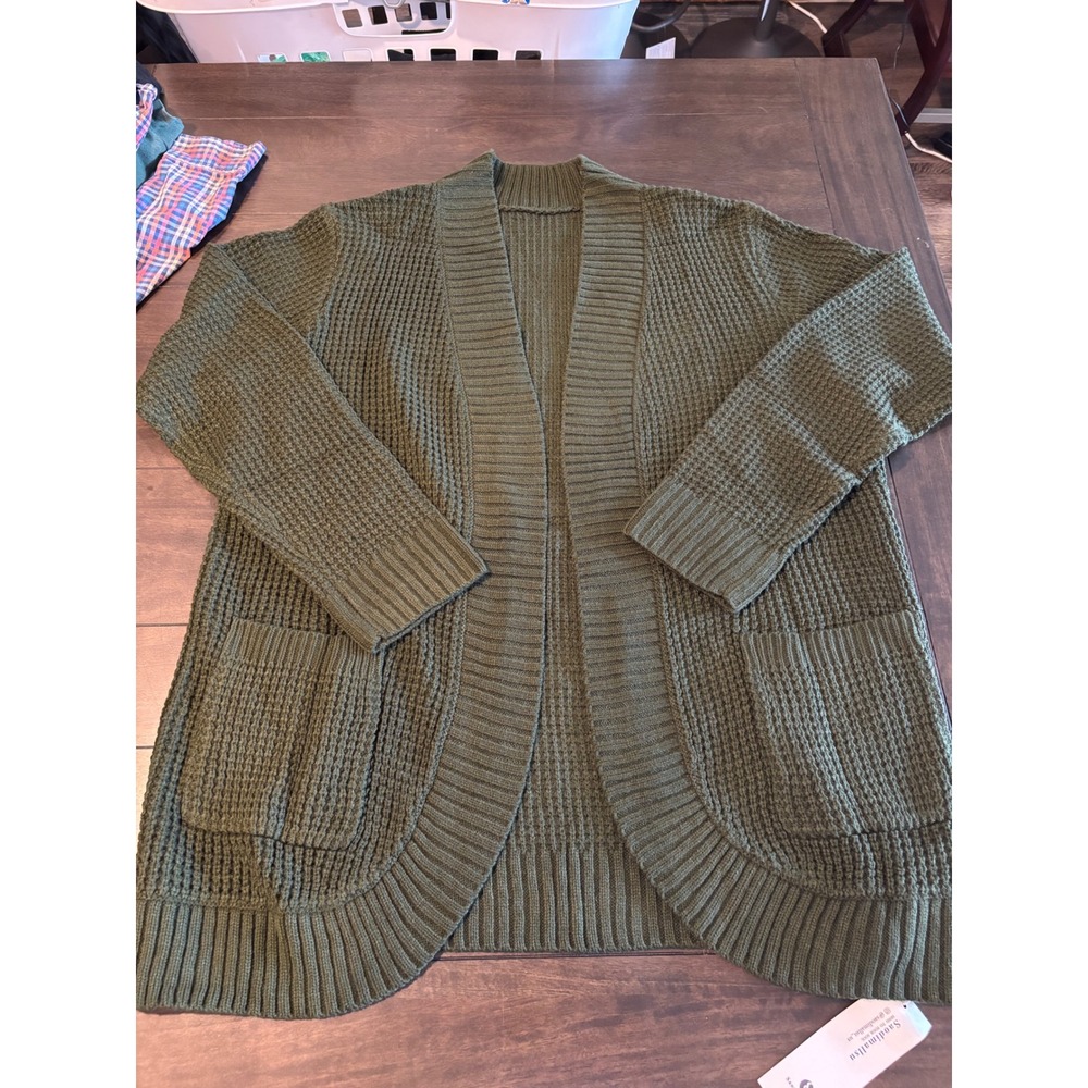 Saodimallsu Women Army Green Waffle Knit Open Front Cardigan Sweater XL RT5506
